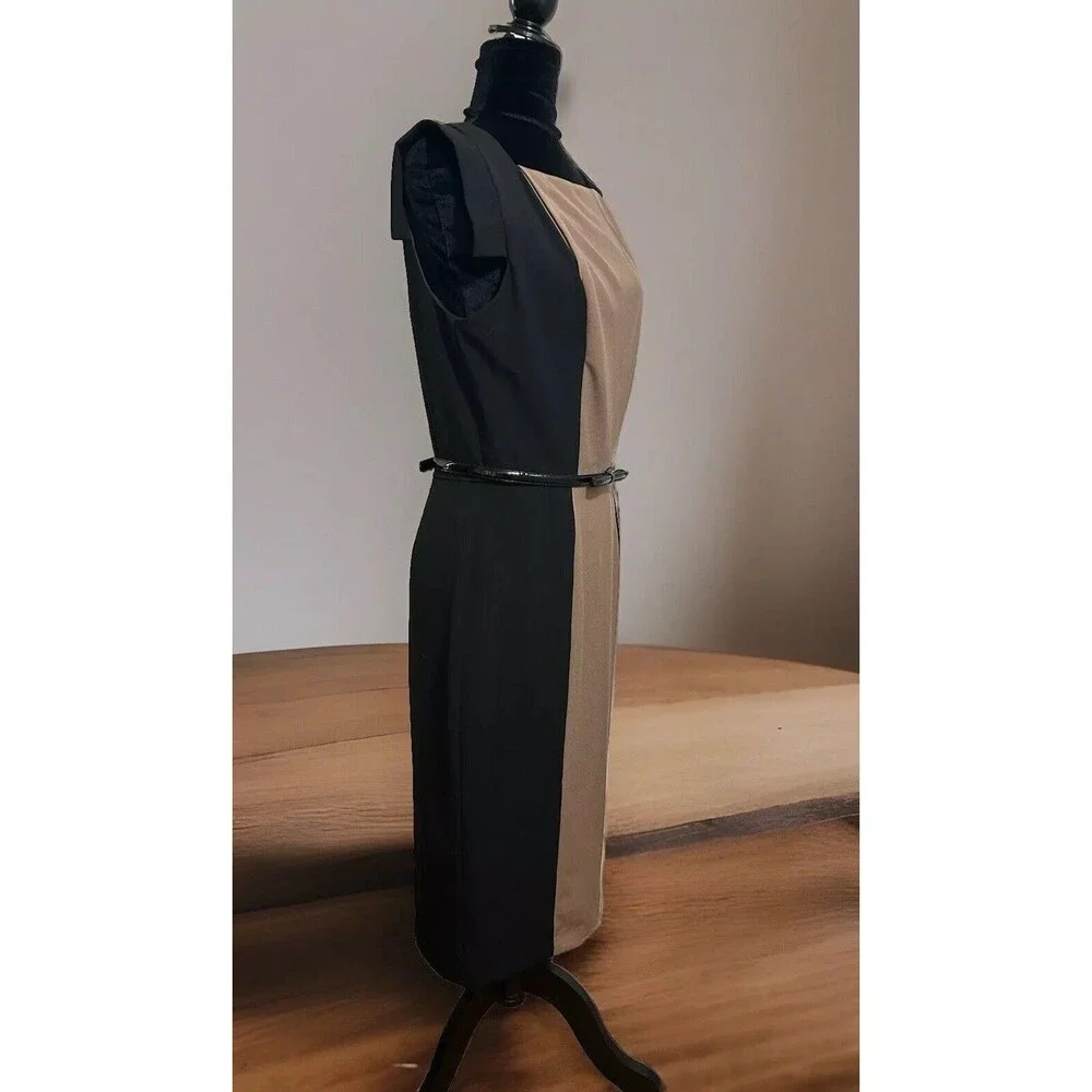SINGLE Veronica Colorblock Black/Ivory Dress Career Wear Belted Size 10 - Picture 6 of 15